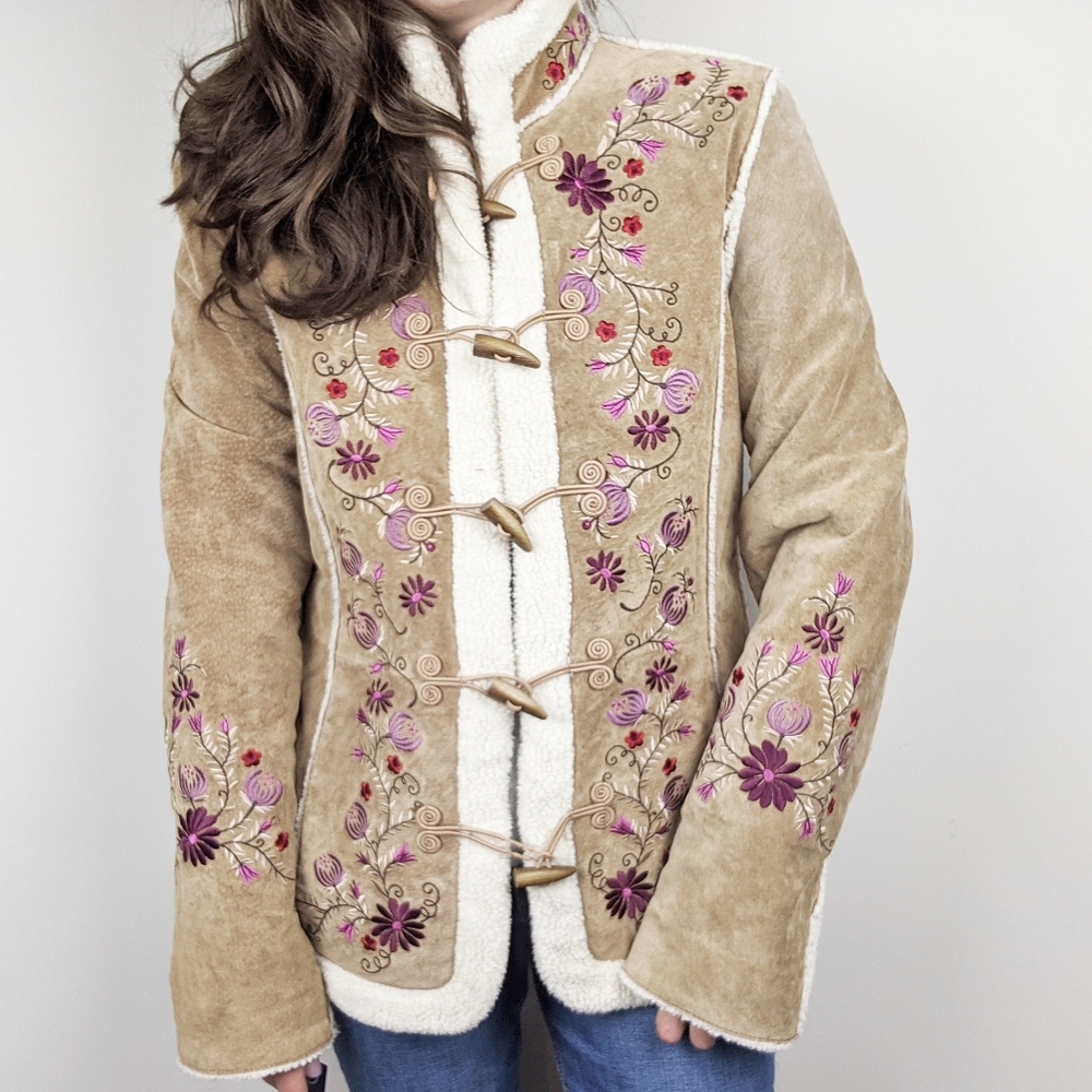St. John's Bay | Leather Embroidered Sherpa Jacket